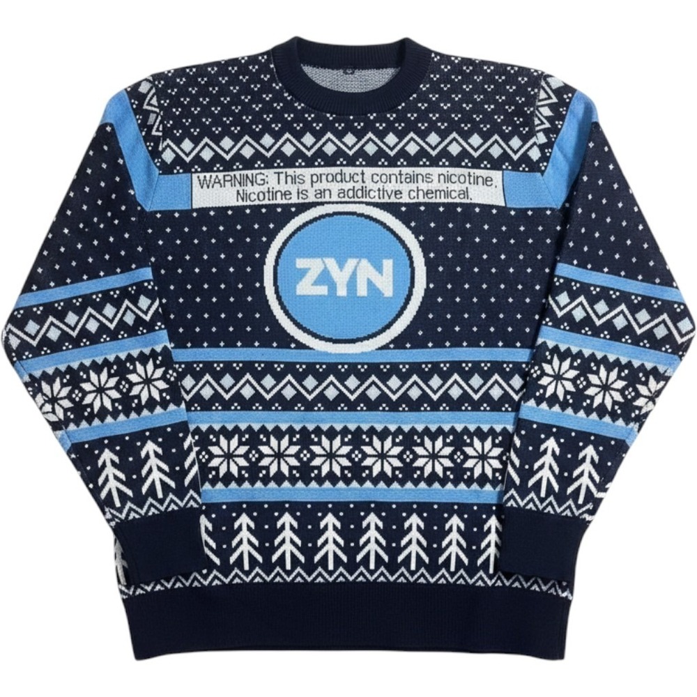 Mens Holiday Sweater Fair Isle  Warning Label Large Blue